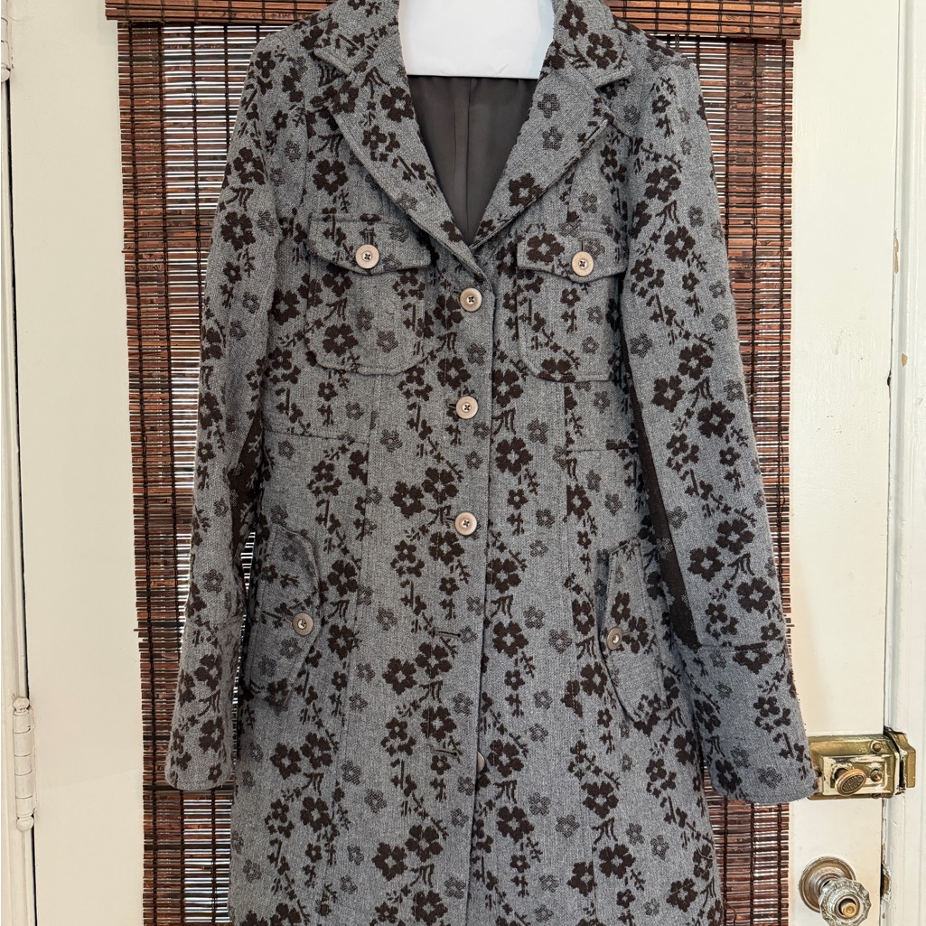 Free People Gray Coat With Brown Floral Jacquard Size M Like New! Fully Lined.